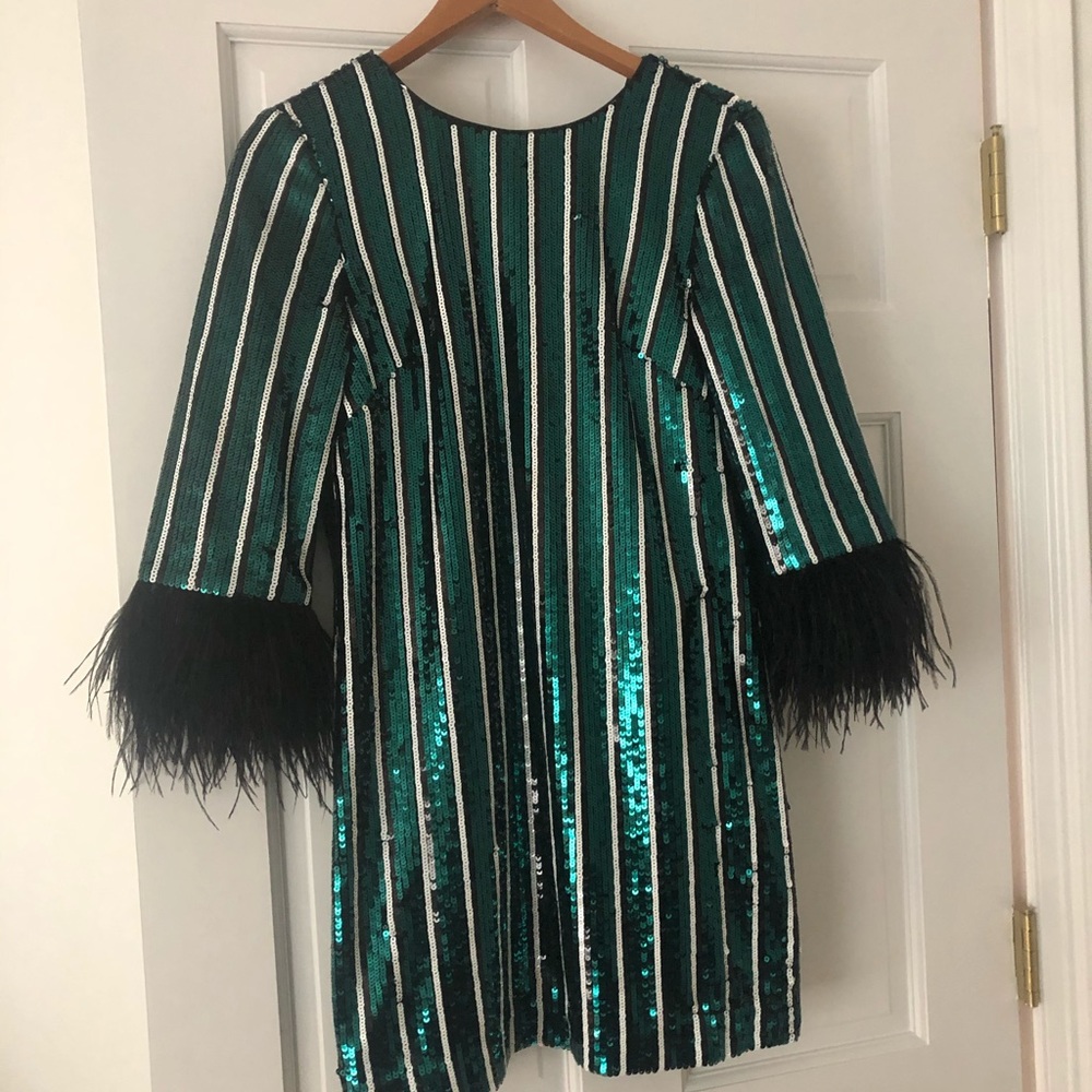 Badgley Mischka emerald green, white, black dress